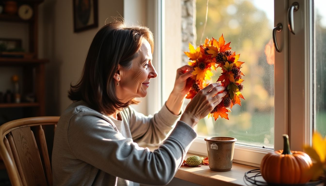 Eine Frau fertigt einen Kastanien-Kranz für den Herbst an.