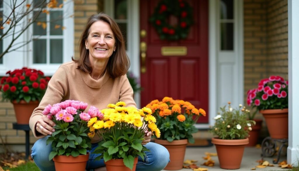 Eine Frau arrangiert chrysanthemen in Terrakottatöpfen vor ihrer Haustür.