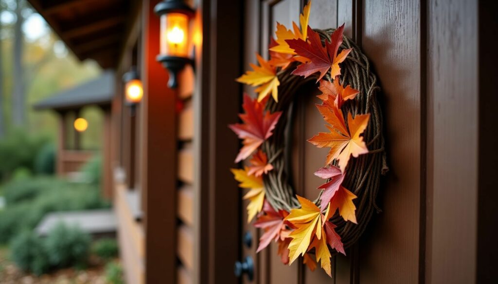 Eine herbstliche Türdekoration mit DIY-Kranz an einer rustikalen Holztür.