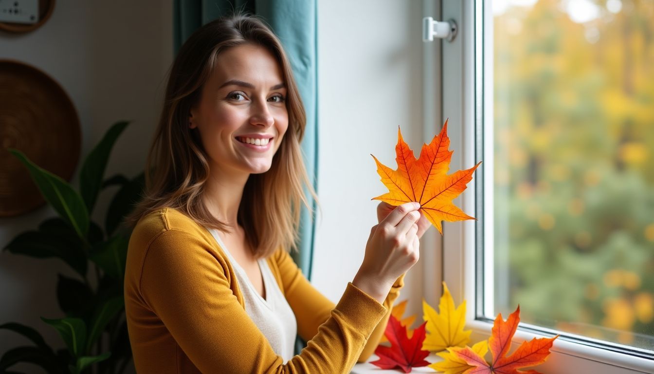 Eine Frau arrangiert bunte Herbstblätter auf ihrem Fenstersims.