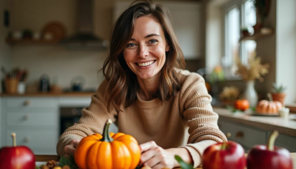 Eine Frau arrangiert eine rustikale Herbsttischmitte mit Kürbissen und Äpfeln.