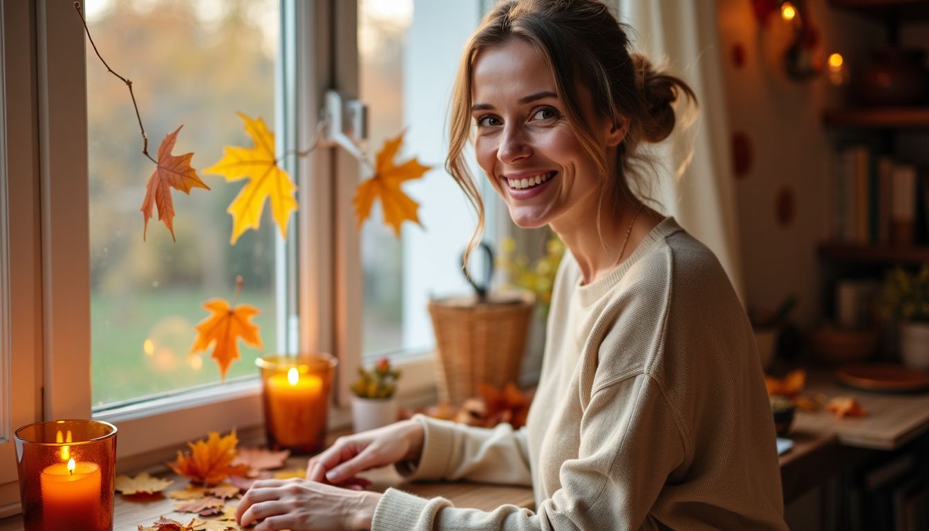 Eine freundliche Frau in ihren 30ern bastelt herbstliche Fensterdekorationen.