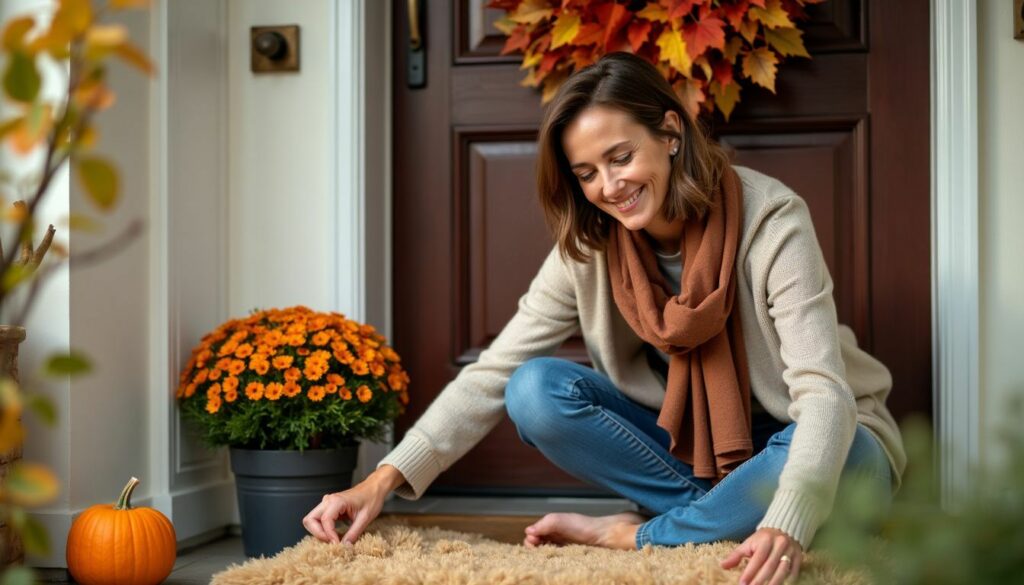 Eine Frau arrangiert herzliches Herbst-Willkommensdekor vor ihrer Haustür.