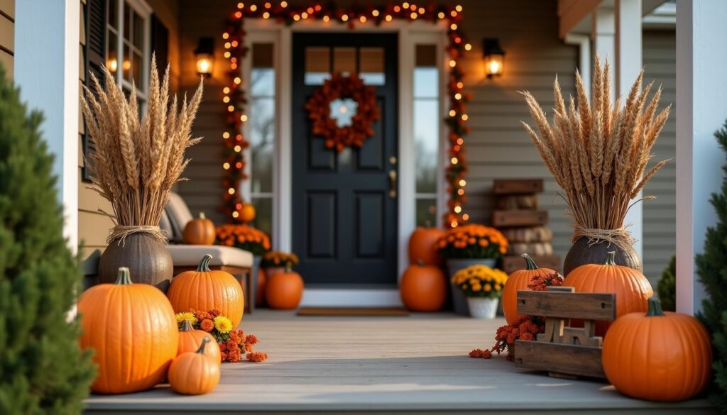 Eine ländliche Veranda ist für Halloween und Thanksgiving dekoriert.