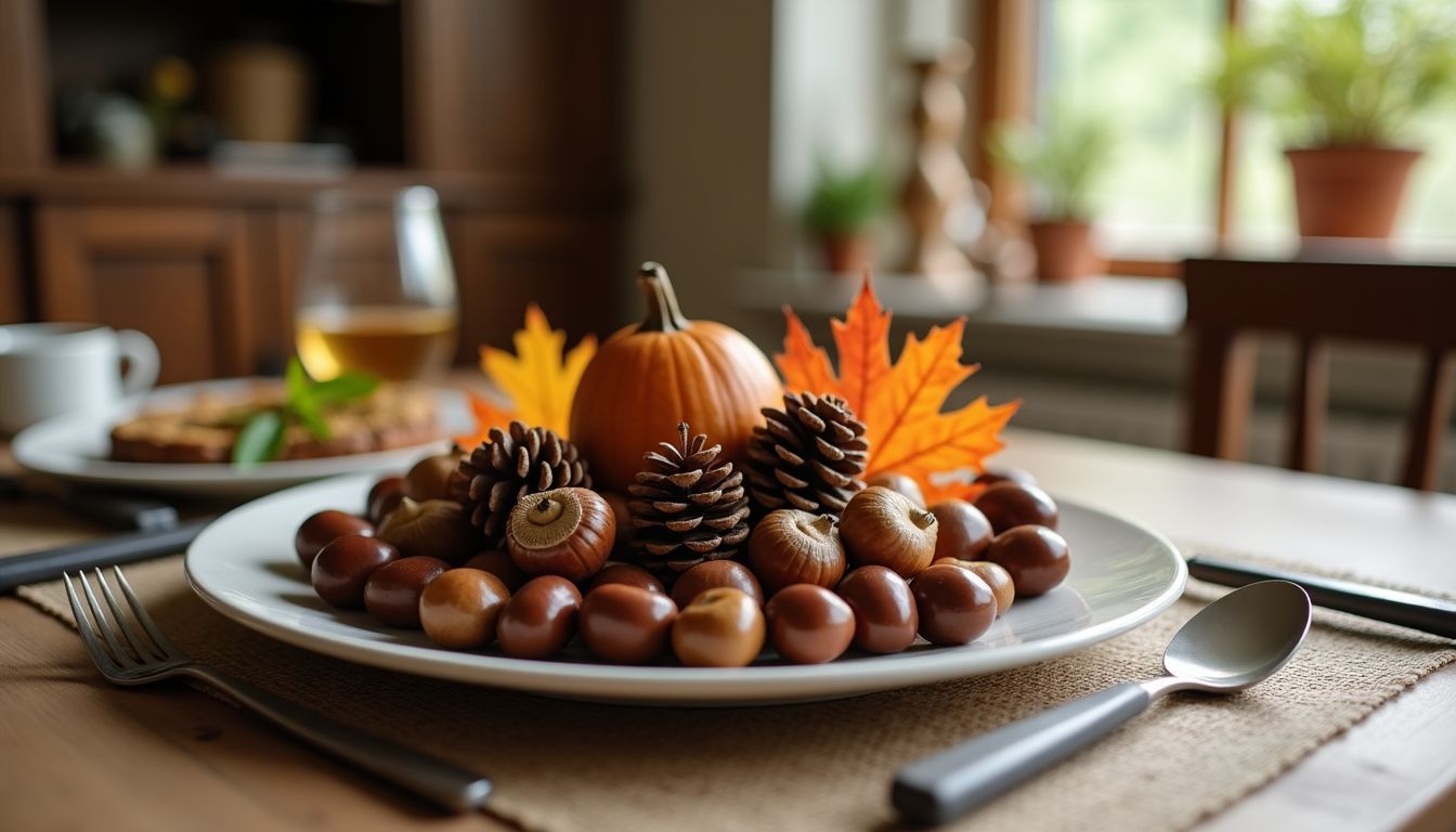 Eine rustikale Tischdeko mit Herbstmotiven und DIY-Dekoration schafft eine gemütliche Atmosphäre.