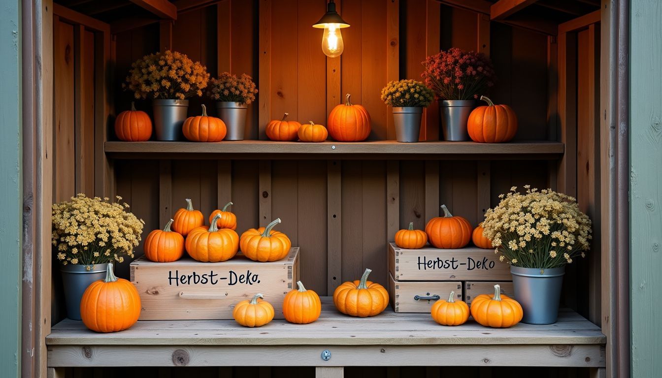 Ein rustikales Regal mit Herbstdekorationen in einer Gartenhütte.