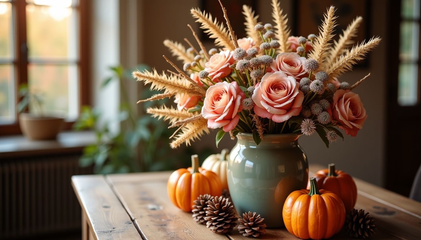 Ein schön arrangierte Vase mit getrockneten Blumen und Herbstdekorationen auf einem rustikalen Sideboard.