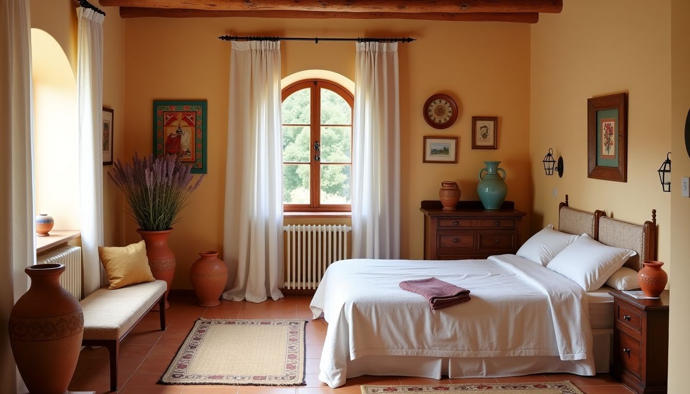 Dieses Bild zeigt ein gemütliches mediterranes Schlafzimmer mit farbenfrohen Dekorationen und entspannter Urlaubsatmosphäre.