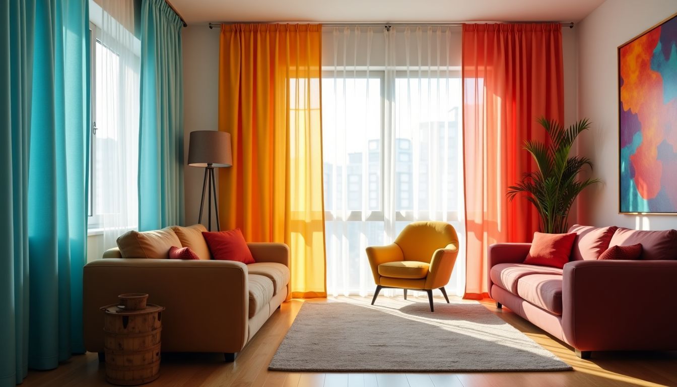 Das Bild zeigt ein modernes Wohnzimmer mit vielfältigen, bunten Vorhängen in unterschiedlichen Mustern und Farben.