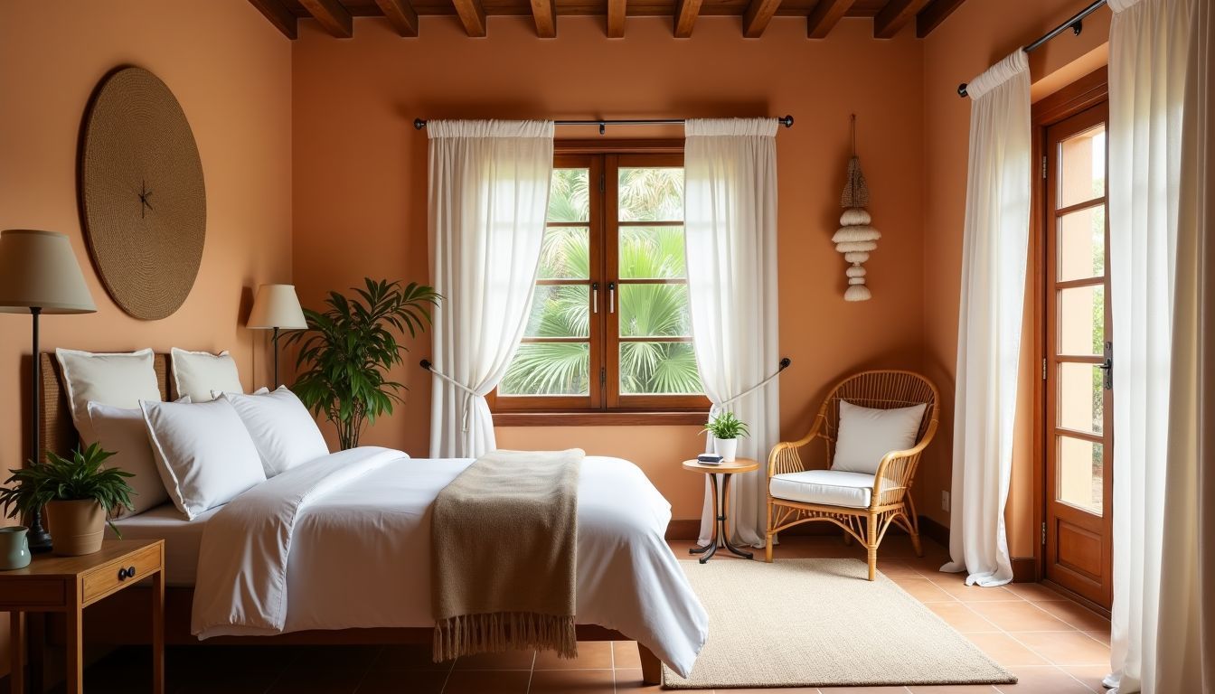 Ein gemütliches mediterranes Schlafzimmer mit warmen Erdtönen und Rattan-Akzenten.