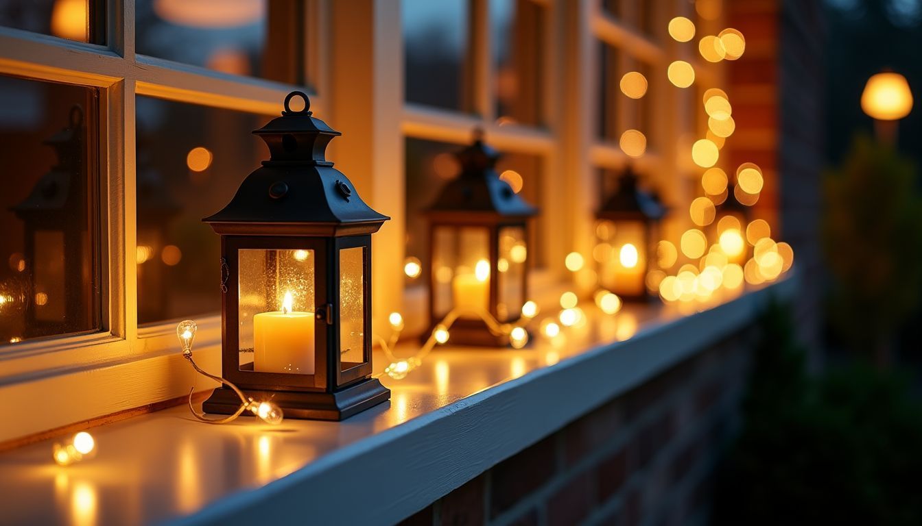 Eine gemütliche Dekoration mit eleganten Laternen und glitzernden Lichterketten auf Fensterbänken. Eine gemütliche Dekoration mit eleganten Laternen und glitzernden Lichterketten auf Fensterbänken.