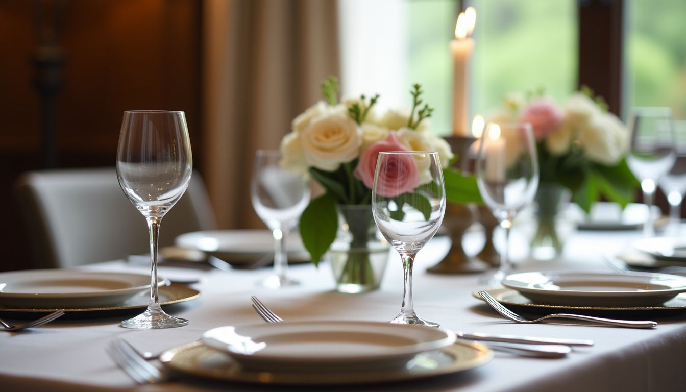 Das Bild zeigt einen elegant gedeckten Esstisch mit Blumen und Kerzen.