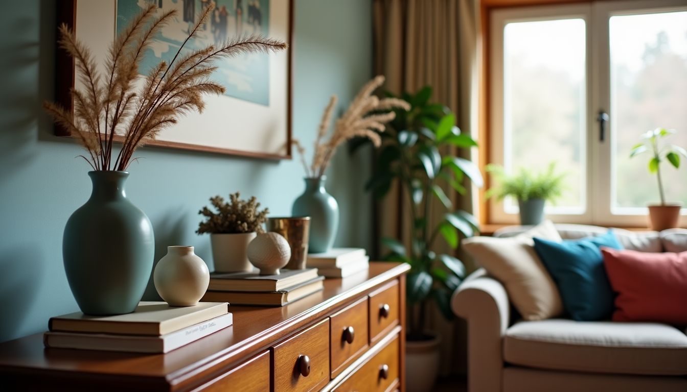 Ein dekorativer Schrank in einem gemütlichen Wohnzimmer mit Vasen, Büchern und persönlichen Accessoires.