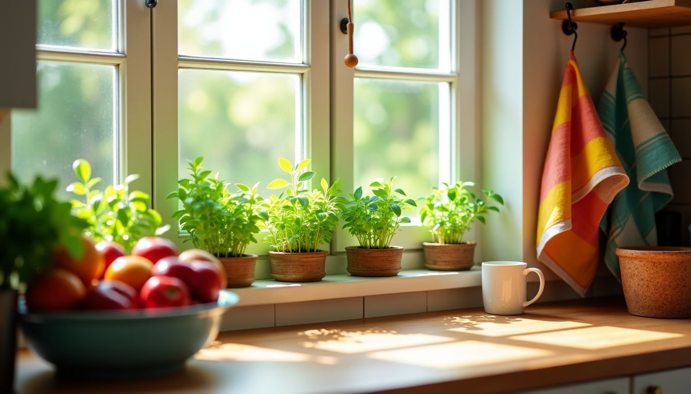 Eine gemütliche Küchenszene mit Kräutergarten, Obstschale und bunten Geschirrtüchern. Eine gemütliche Küchenszene mit Kräutergarten, Obstschale und bunten Geschirrtüchern.