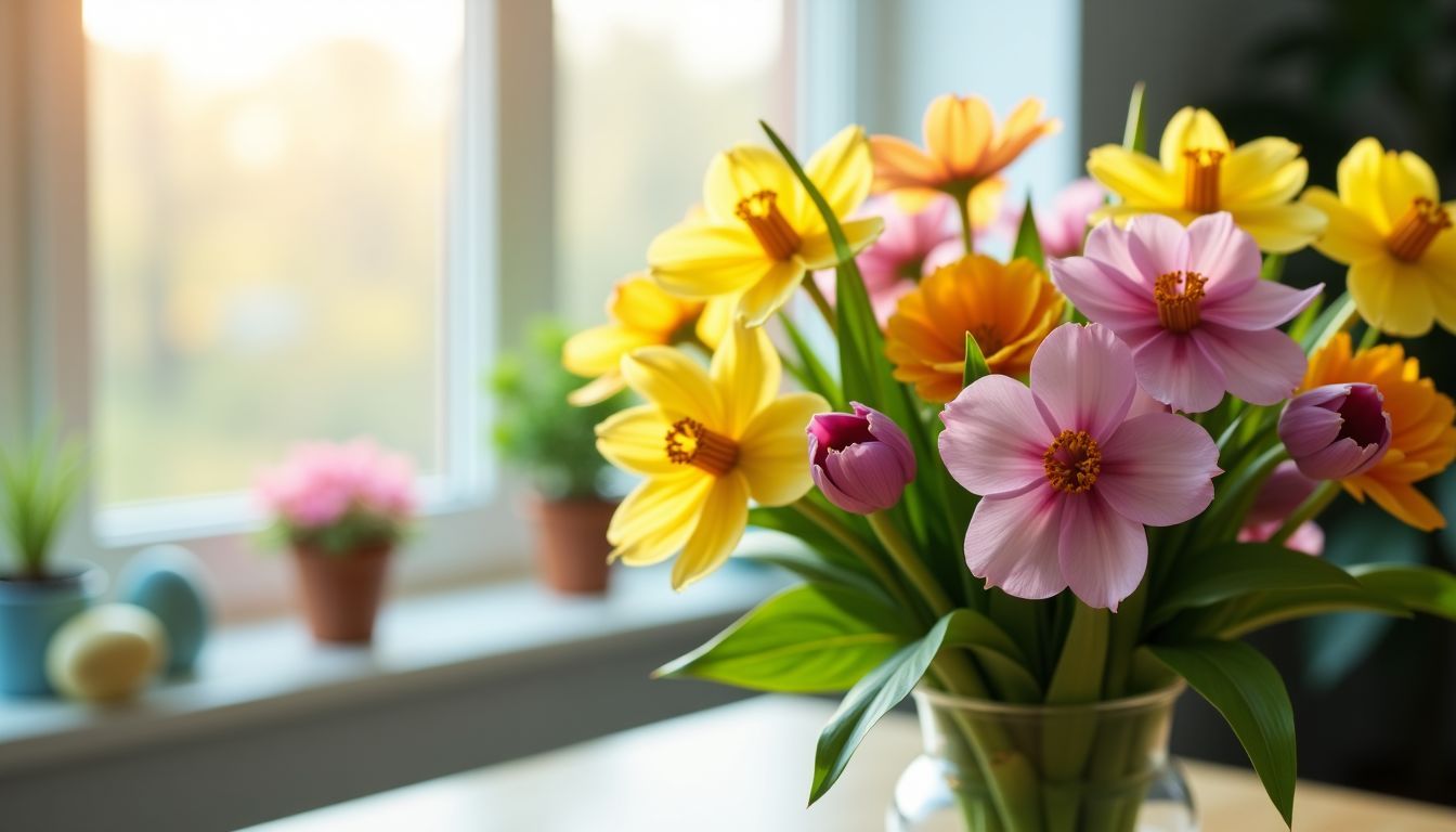 Ein schöner Osterstrauß mit bunten Frühlingsblumen in einem gemütlichen Zuhause. Ein schöner Osterstrauß mit bunten Frühlingsblumen in einem gemütlichen Zuhause.