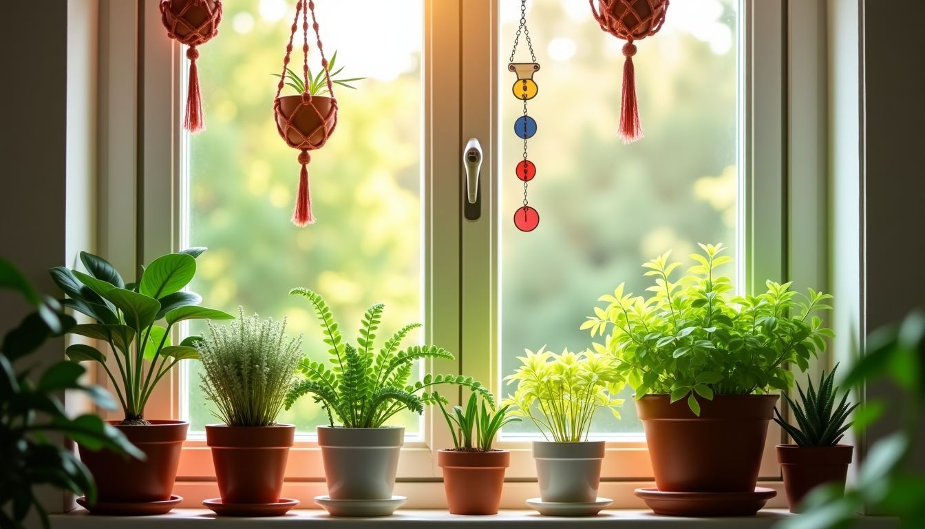 Ein sonnendurchflutetes Küchenfenster mit lebendigen Topfpflanzen und hängenden Pflanzenhaltern. Ein sonnendurchflutetes Küchenfenster mit lebendigen Topfpflanzen und hängenden Pflanzenhaltern.
