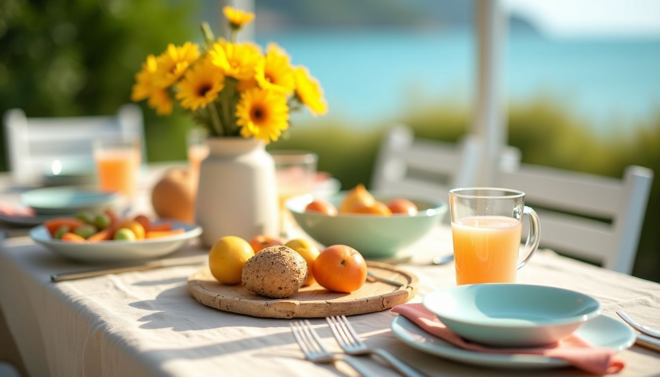 Ein schöner sommerlicher Tisch mit Pastellfarben und natürlichen Akzenten, ohne Personen.