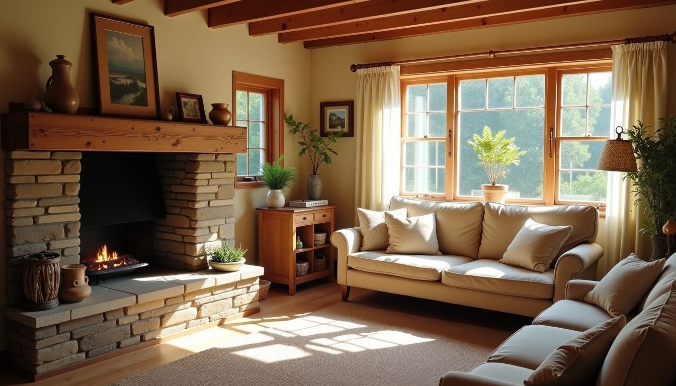 Ein gemütliches Landhaus-Wohnzimmer mit natürlichen Materialien und warmen Farbtönen, das zur Entspannung einlädt. Ein gemütliches Landhaus-Wohnzimmer mit natürlichen Materialien und warmen Farbtönen, das zur Entspannung einlädt.