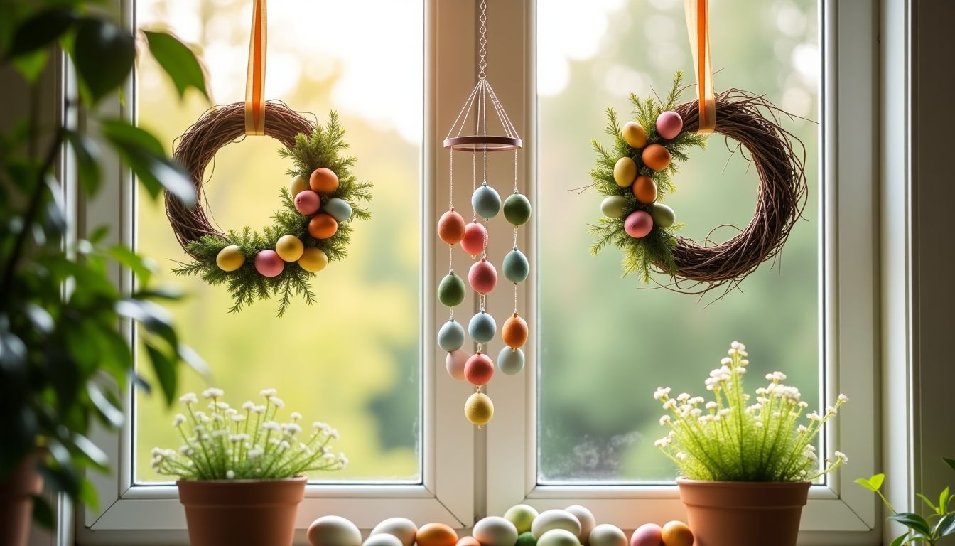 Eine handgemachte Osterdekoration mit natürlichen Materialien und bunten Eiern verbreitet Frühlingsstimmung. Eine handgemachte Osterdekoration mit natürlichen Materialien und bunten Eiern verbreitet Frühlingsstimmung.