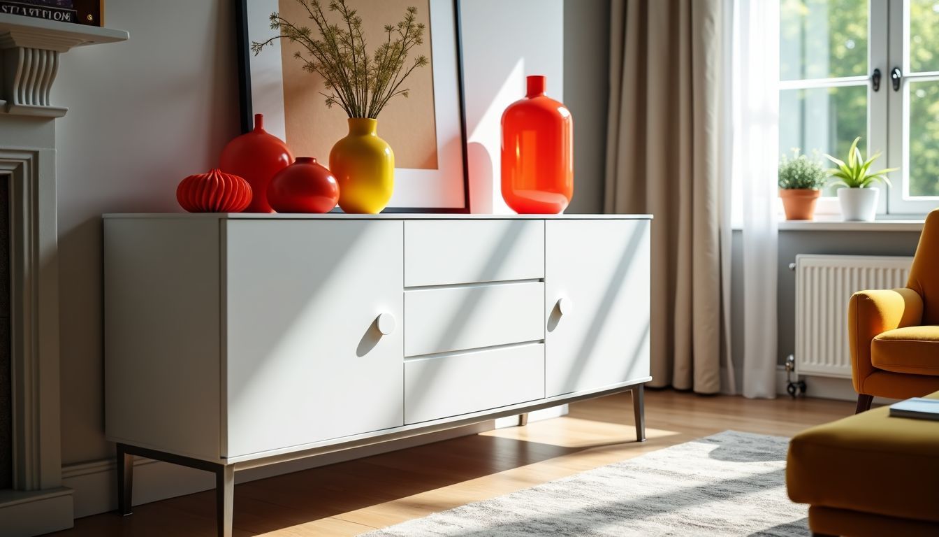 Ein moderner weißer Schrank mit roten und gelben Dekorationsgegenständen in einem gemütlichen Wohnzimmer.