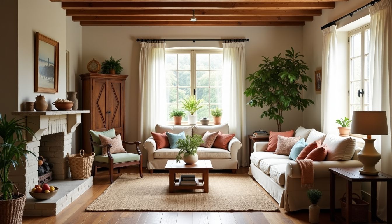 Dieses Bild zeigt ein gemütliches Wohnzimmer im rustikalen Bauernhausstil mit natürlichen Materialien und warmen Erdtönen. Dieses Bild zeigt ein gemütliches Wohnzimmer im rustikalen Bauernhausstil mit natürlichen Materialien und warmen Erdtönen.