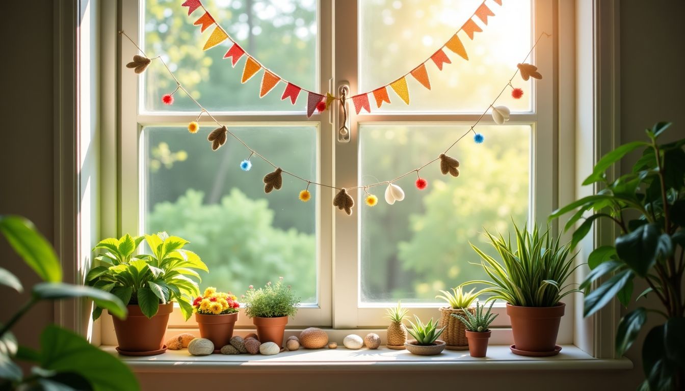 Eine friedliche Fensterdekoration mit handgemachten Sommerdekorationen und natürlichen Materialien wie Holz und Muscheln. Eine friedliche Fensterdekoration mit handgemachten Sommerdekorationen und natürlichen Materialien wie Holz und Muscheln.