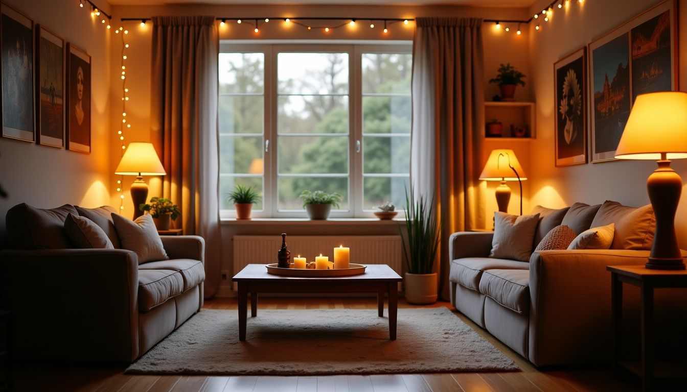 Das gemütliche Wohnzimmer ist mit verschiedenen Lampen ausgestattet, die eine warme und einladende Atmosphäre schaffen. Das gemütliche Wohnzimmer ist mit verschiedenen Lampen ausgestattet, die eine warme und einladende Atmosphäre schaffen.