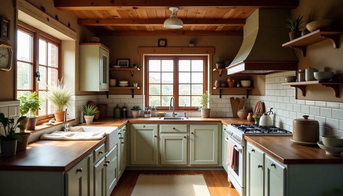 Ein rustikales Bauernhaus-Küche mit gemütlicher, einladender Atmosphäre durch natürliche Materialien und Vintage-Dekor. Ein rustikales Bauernhaus-Küche mit gemütlicher, einladender Atmosphäre durch natürliche Materialien und Vintage-Dekor.