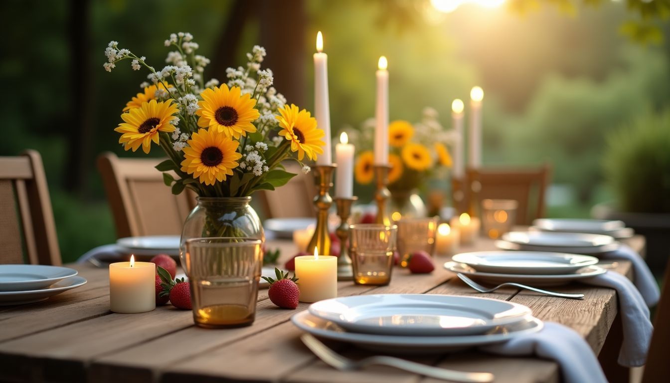 Ein gemütlicher Esstisch ist mit frischen Blumen und Kerzen für einen Sommerabend gedeckt.