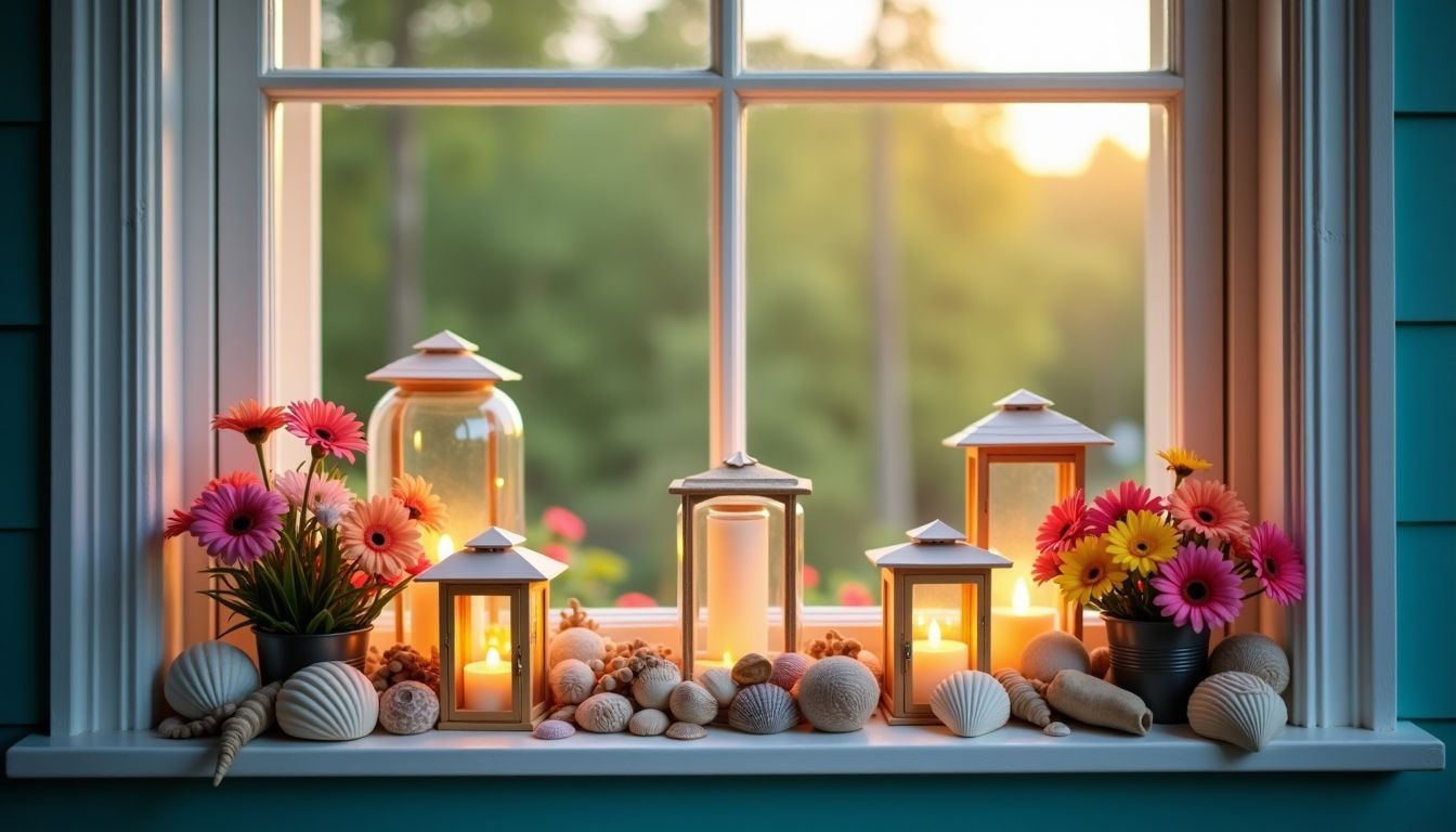 Das Bild zeigt einen sommerlich dekorierten Fenstersims mit Blumen, Muscheln und Treibholz. Kleine Laternen sorgen für Gemütlichkeit. Das Bild zeigt einen sommerlich dekorierten Fenstersims mit Blumen, Muscheln und Treibholz. Kleine Laternen sorgen für Gemütlichkeit.