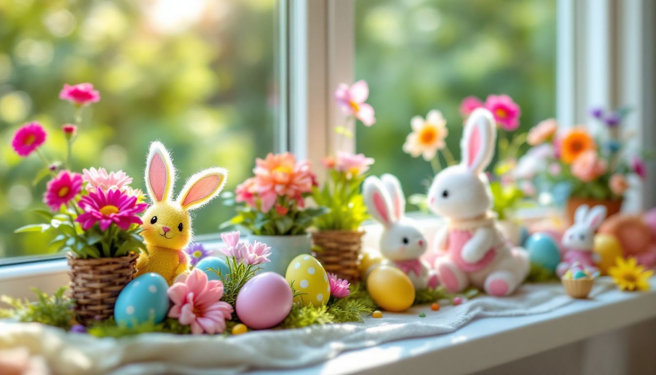 Eine fröhliche Osterdekoration mit bunten Blumen und süßen Figuren auf dem Fenstersims. Eine fröhliche Osterdekoration mit bunten Blumen und süßen Figuren auf dem Fenstersims.