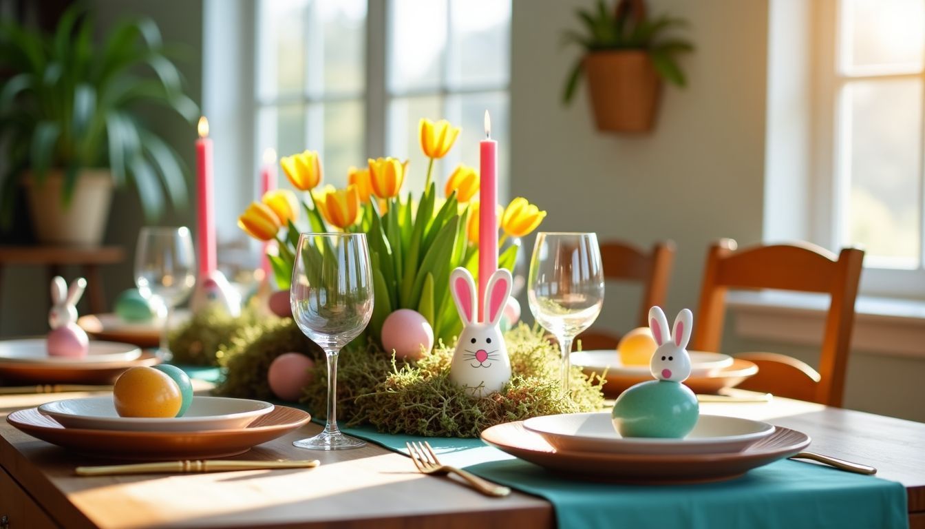 Eine festliche Tischdekoration in lebendigen Frühlingsfarben und verspielten Osterdekorationen. Eine festliche Tischdekoration in lebendigen Frühlingsfarben und verspielten Osterdekorationen.