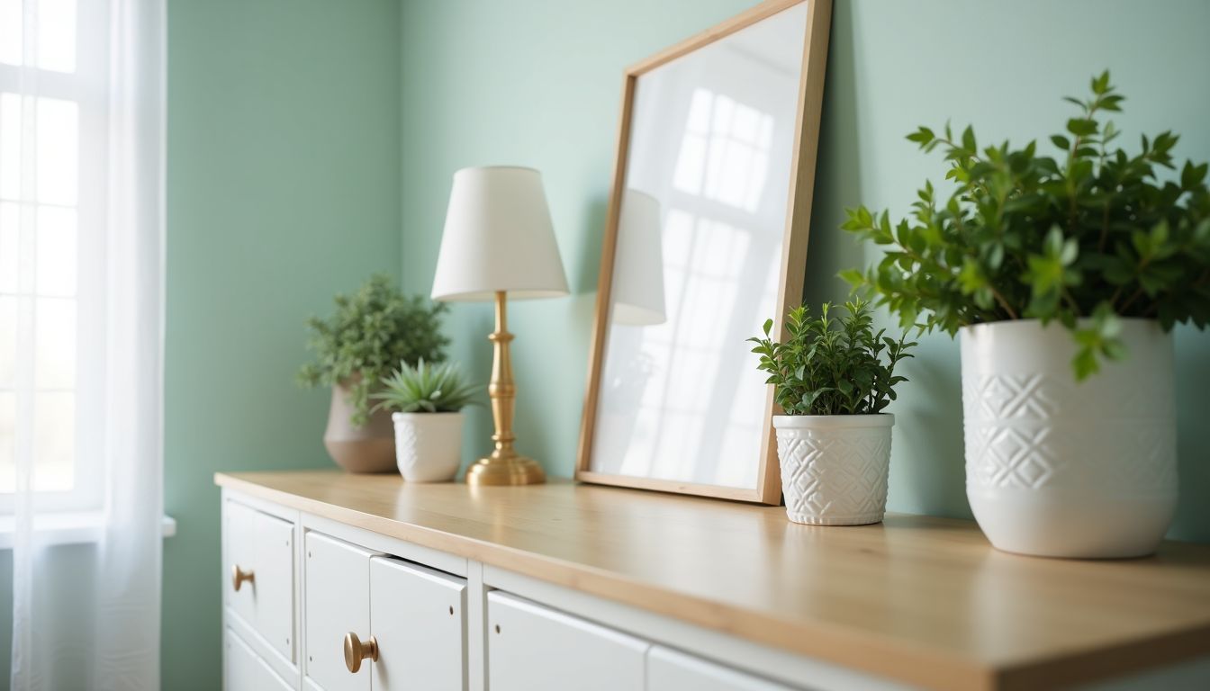Ein ordentliches Sideboard mit dekorativen Gegenständen in natürlicher Beleuchtung.