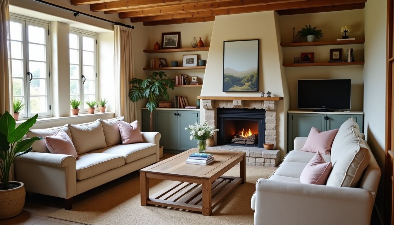 Ein gemütliches Wohnzimmer im Landhausstil mit rustikalem Charme und modernen Elementen. Ein gemütliches Wohnzimmer im Landhausstil mit rustikalem Charme und modernen Elementen.