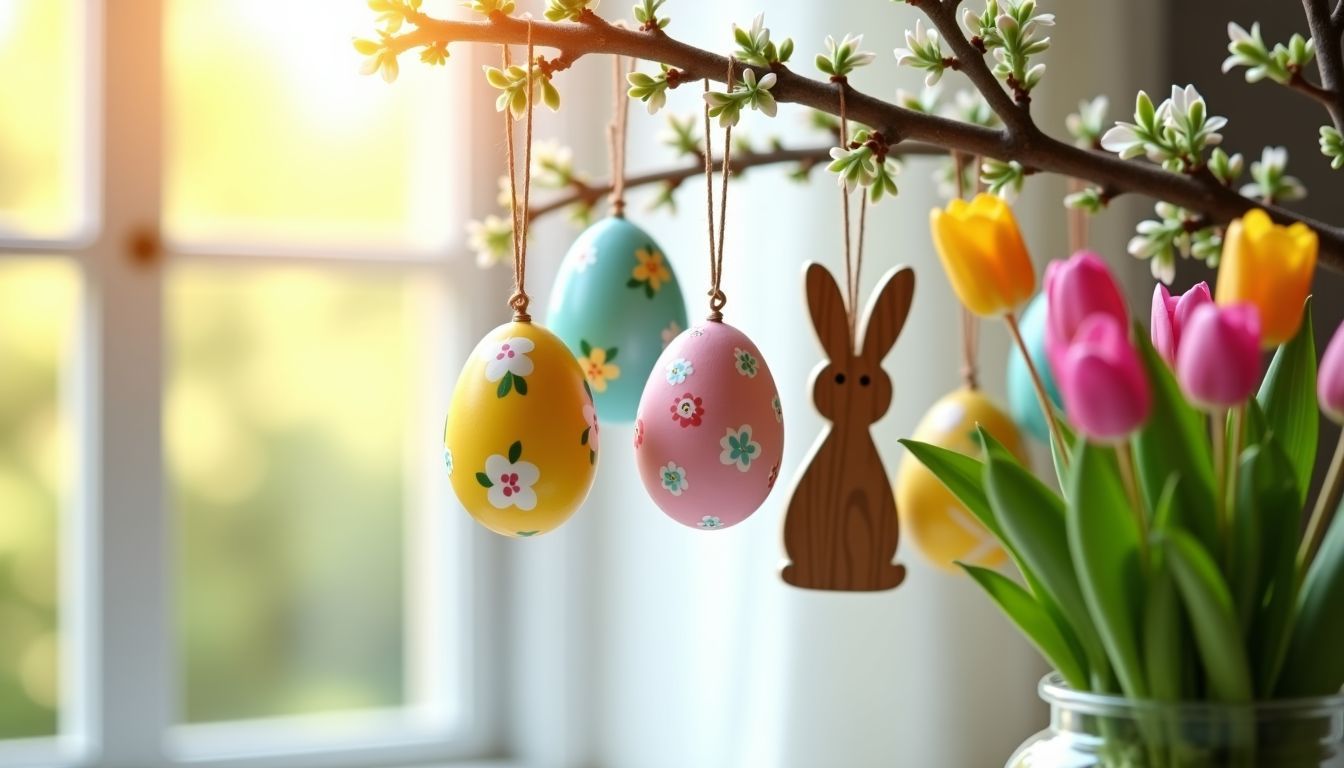 'Die Dekoration für Ostern besteht aus handbemalten Eiern, hölzernen Hasen und Frühlingsblumen, die an einem rustikalen Ast hängen.' 'Die Dekoration für Ostern besteht aus handbemalten Eiern, hölzernen Hasen und Frühlingsblumen, die an einem rustikalen Ast hängen.'