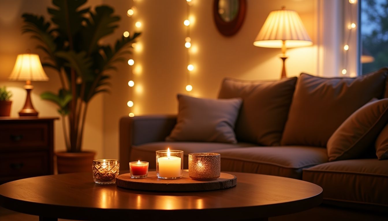 Ein gemütliches Wohnzimmer mit dekorativen Lampen, Kerzen und einer einladenden Atmosphäre. Ein gemütliches Wohnzimmer mit dekorativen Lampen, Kerzen und einer einladenden Atmosphäre.