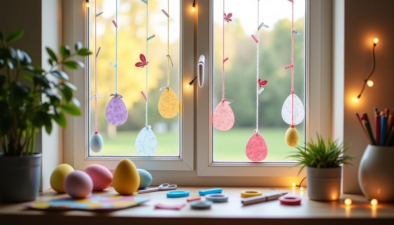 Eine bunte Osterdekoration mit Bastelbedarf in einem gemütlichen Zuhause. Eine bunte Osterdekoration mit Bastelbedarf in einem gemütlichen Zuhause.