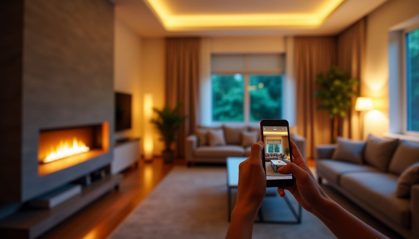 Ein modernes Wohnzimmer mit energieeffizienter Beleuchtung und smarten Lichtsteuerungsoptionen. Ein modernes Wohnzimmer mit energieeffizienter Beleuchtung und smarten Lichtsteuerungsoptionen.
