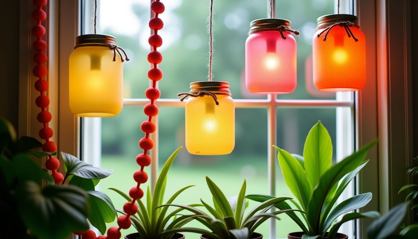 Eine bunte und umweltfreundliche Sommerdekoration mit selbstgemachten Windlichtern und Pflanzengirlanden. Eine bunte und umweltfreundliche Sommerdekoration mit selbstgemachten Windlichtern und Pflanzengirlanden.