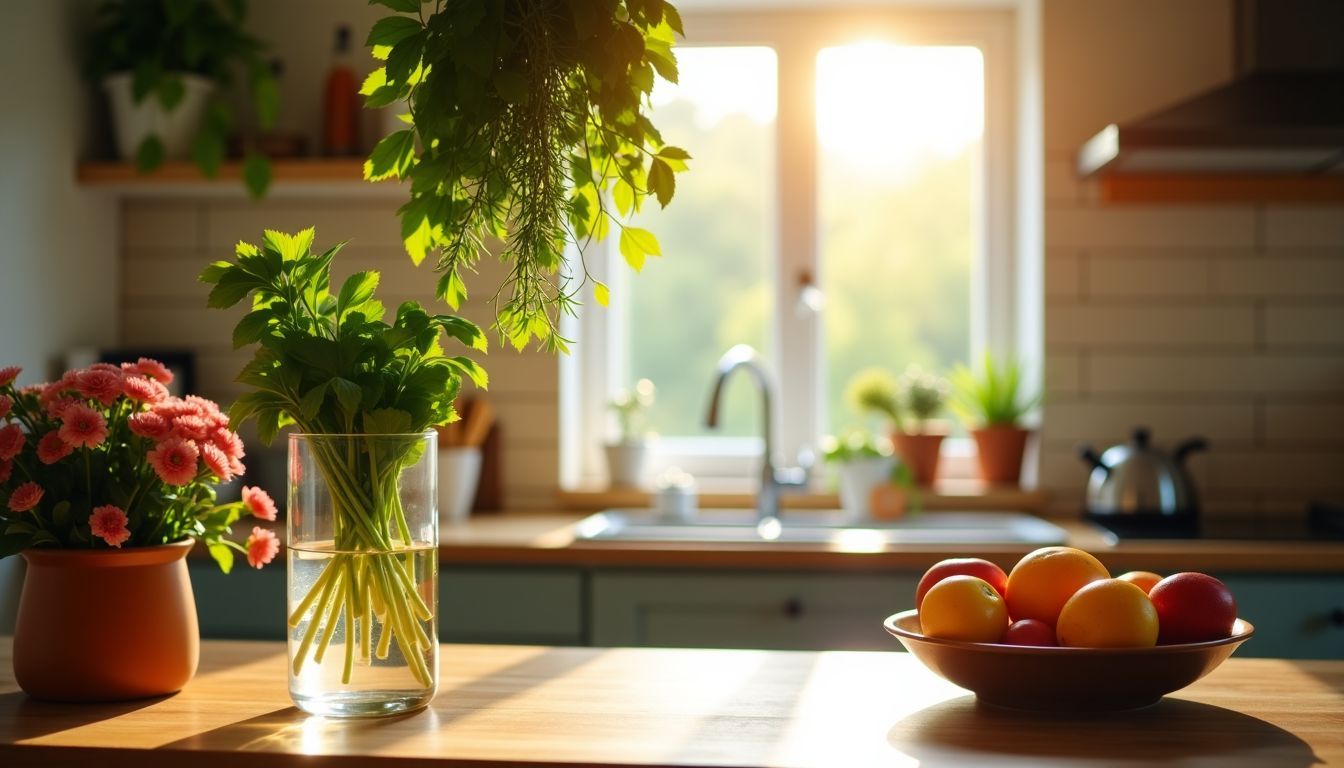 Eine rustikale Küche mit frischen Kräutern, Obst und blühenden Blumen schafft eine gemütliche Atmosphäre. Eine rustikale Küche mit frischen Kräutern, Obst und blühenden Blumen schafft eine gemütliche Atmosphäre.