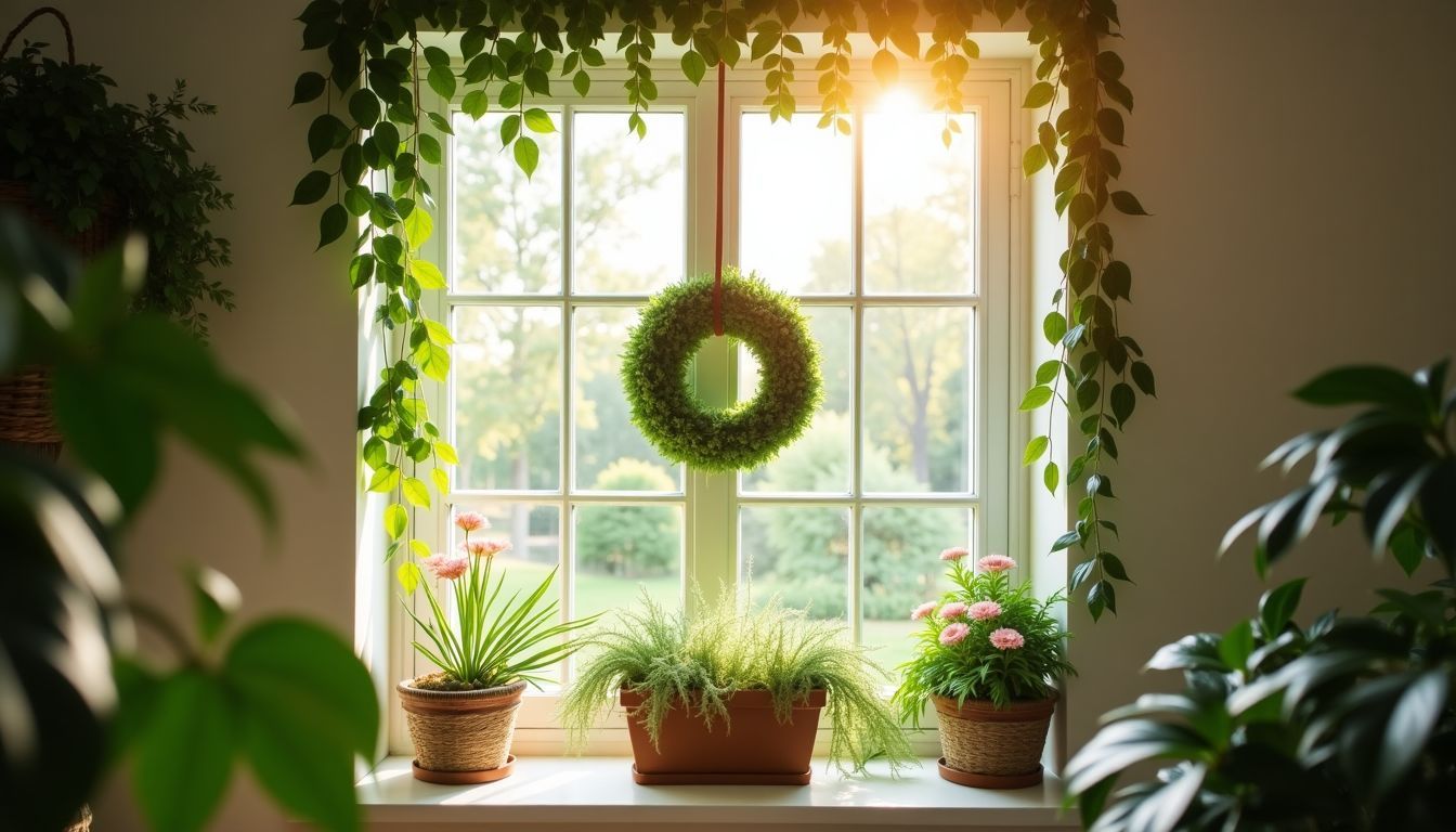 Das Bild zeigt ein Fenster mit grünen Kränzen und frischen Blumen, um das Zimmer aufzuhellen. Das Bild zeigt ein Fenster mit grünen Kränzen und frischen Blumen, um das Zimmer aufzuhellen.