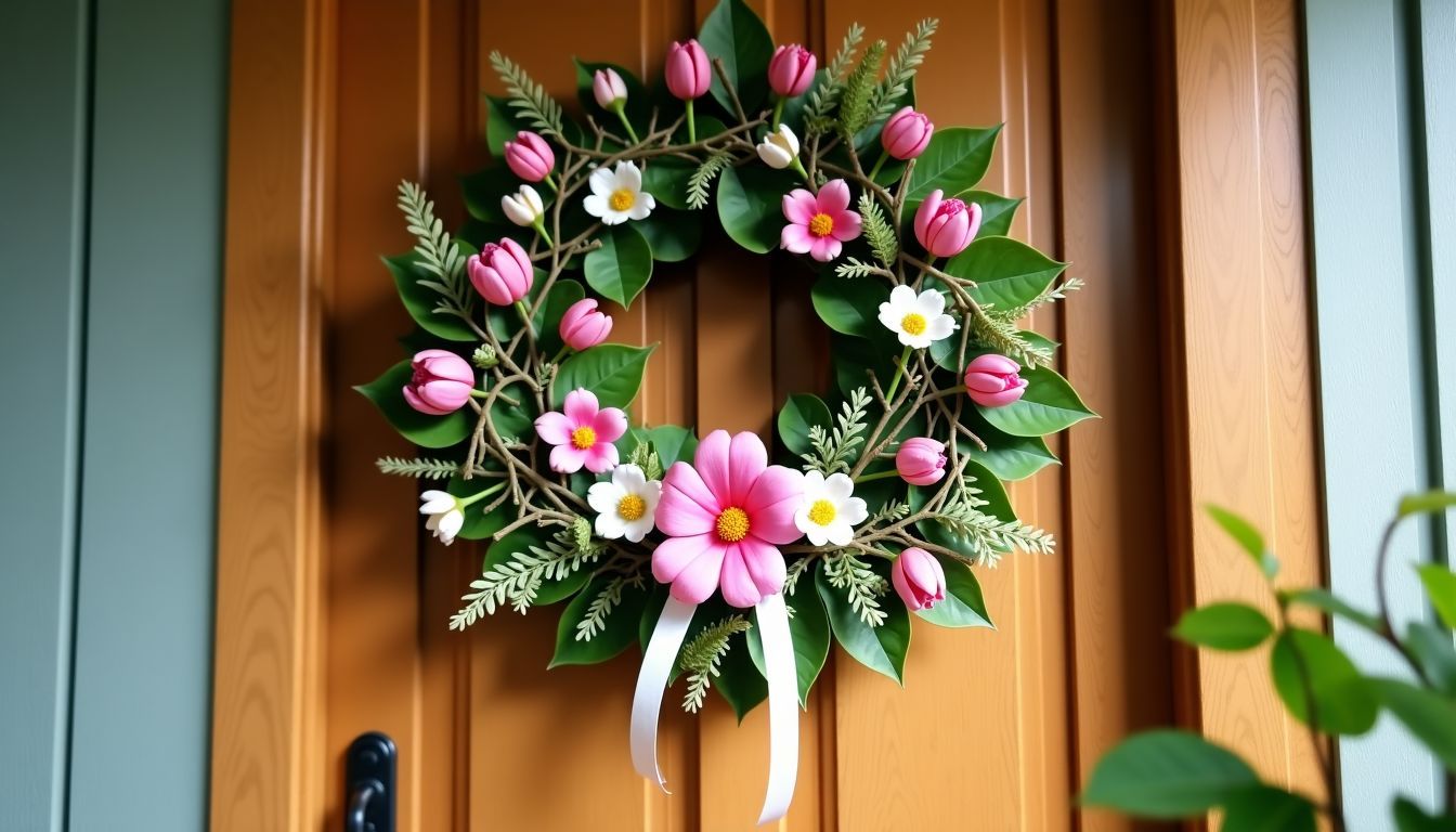 Ein lebhafter Osterkranz aus frischen Blumen hängt an einer rustikalen Holztür. Ein lebhafter Osterkranz aus frischen Blumen hängt an einer rustikalen Holztür.
