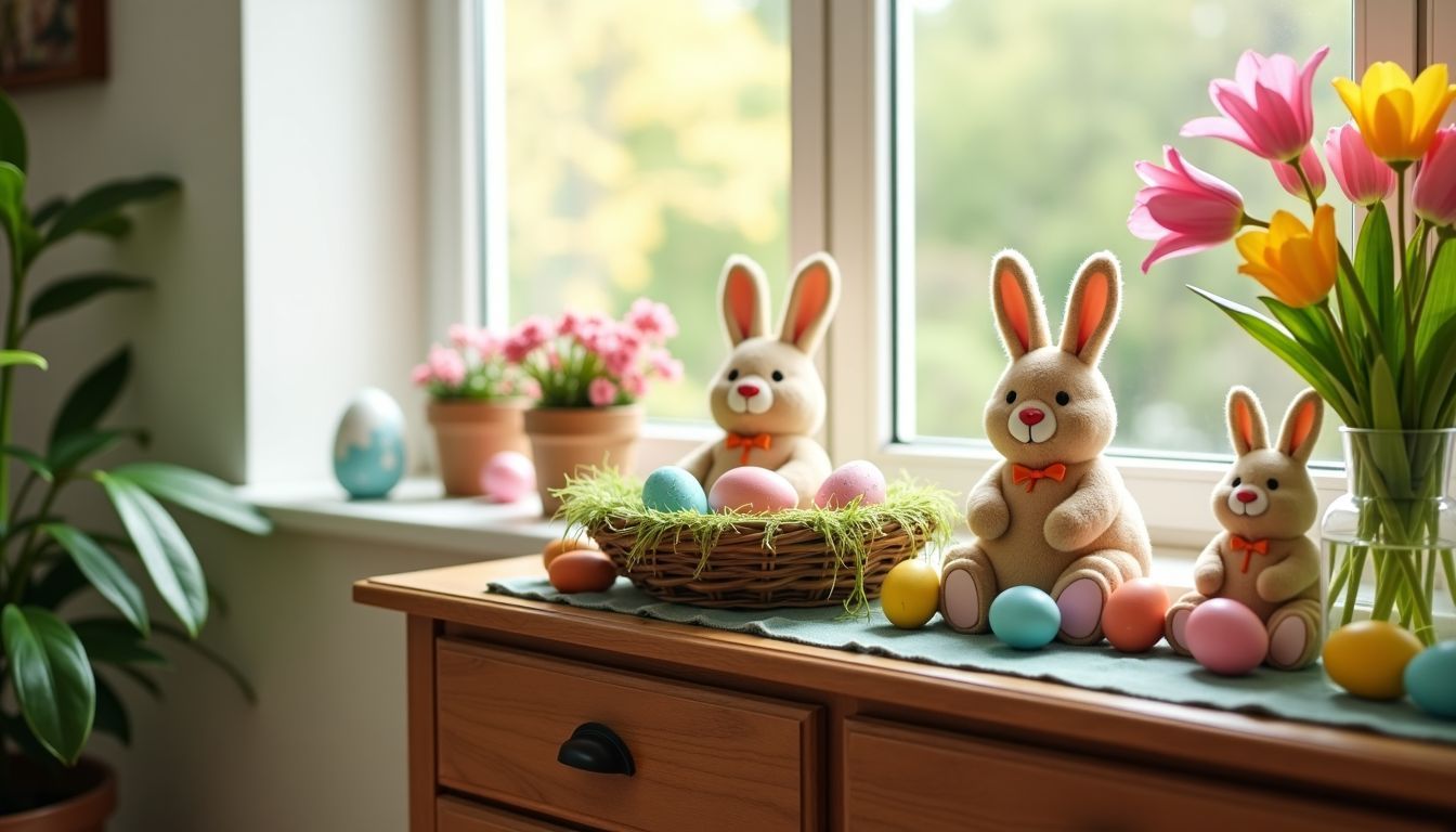 Das Bild zeigt ein festlich dekoriertes Wohnzimmer mit Osterdeko und Frühlingsblumen. Das Bild zeigt ein festlich dekoriertes Wohnzimmer mit Osterdeko und Frühlingsblumen.
