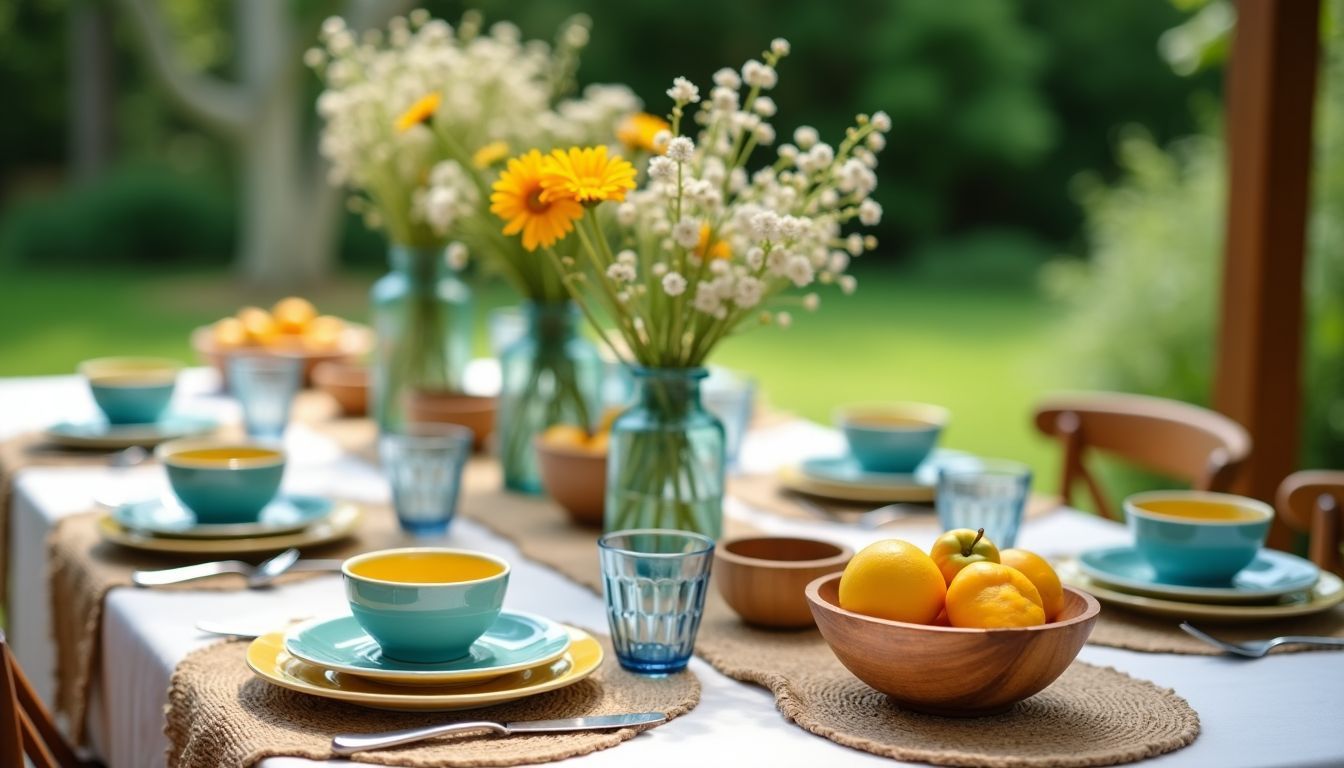 Ein rustikales Sommer-Tischgedeck mit Porzellangeschirr, Holzschalen und frischen Blumen in Glasvasen.