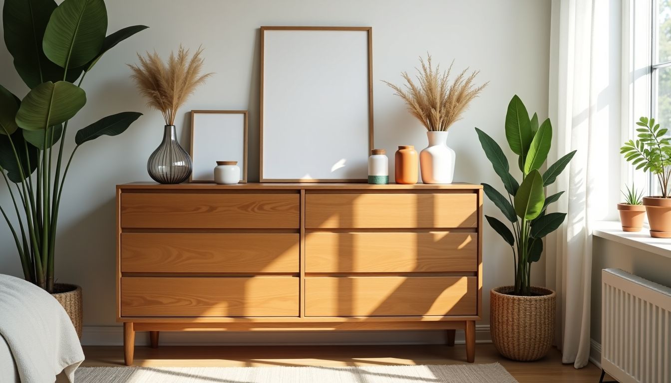 Das Bild zeigt eine hölzerne Kommode mit dekorativen Gegenständen und Pflanzen, die eine gemütliche Atmosphäre schaffen.