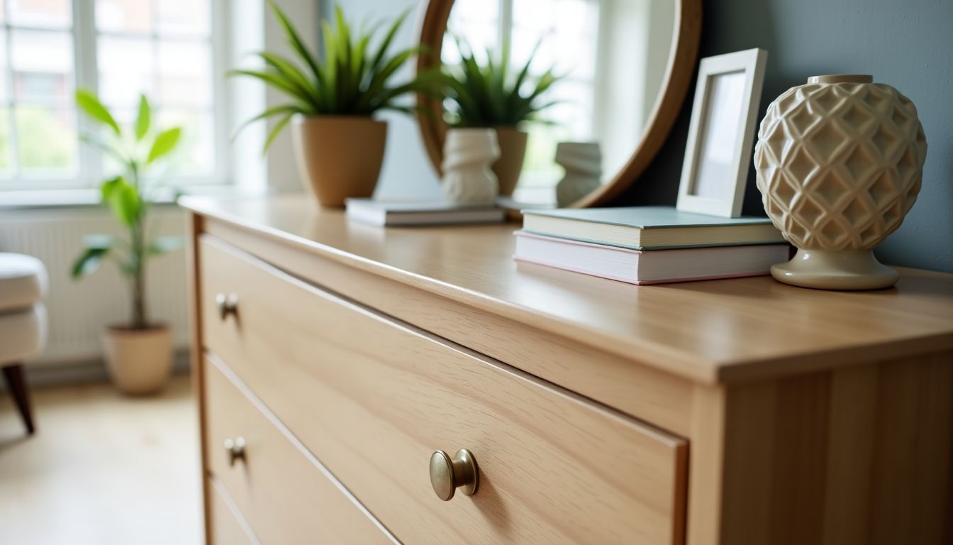 Das Bild zeigt einen ordentlich organisierten Schrank mit dekorativen Gegenständen in natürlicher Beleuchtung.