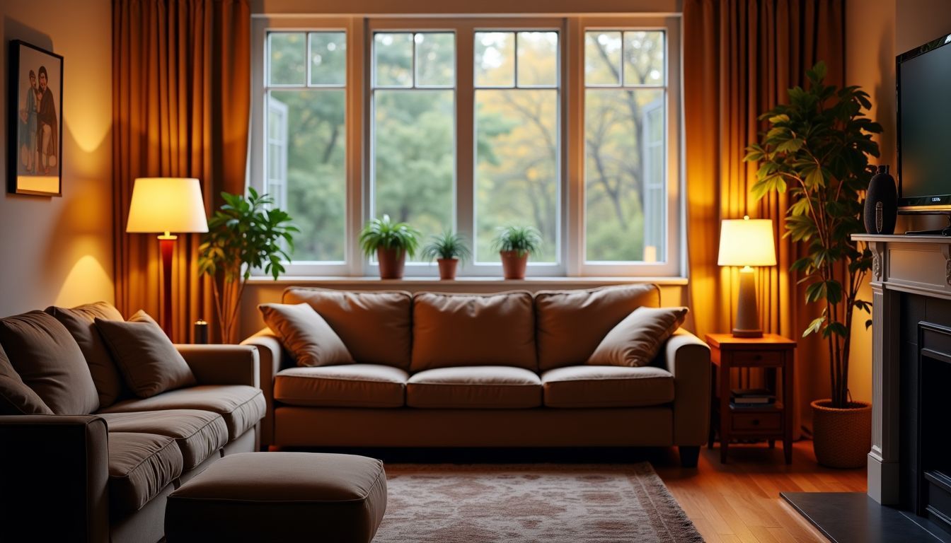 Ein gemütliches Wohnzimmer mit warmem Ambiente und natürlichem Licht. Ein gemütliches Wohnzimmer mit warmem Ambiente und natürlichem Licht.