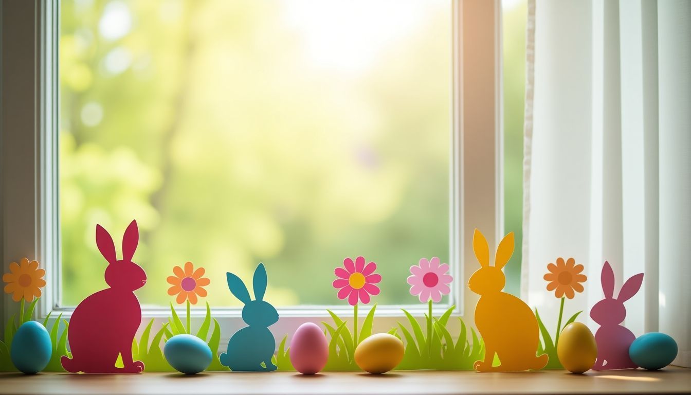Eine fröhliche Osterdekoration mit Hasen, Eiern und Blumen im sonnigen Fenster. Eine fröhliche Osterdekoration mit Hasen, Eiern und Blumen im sonnigen Fenster.