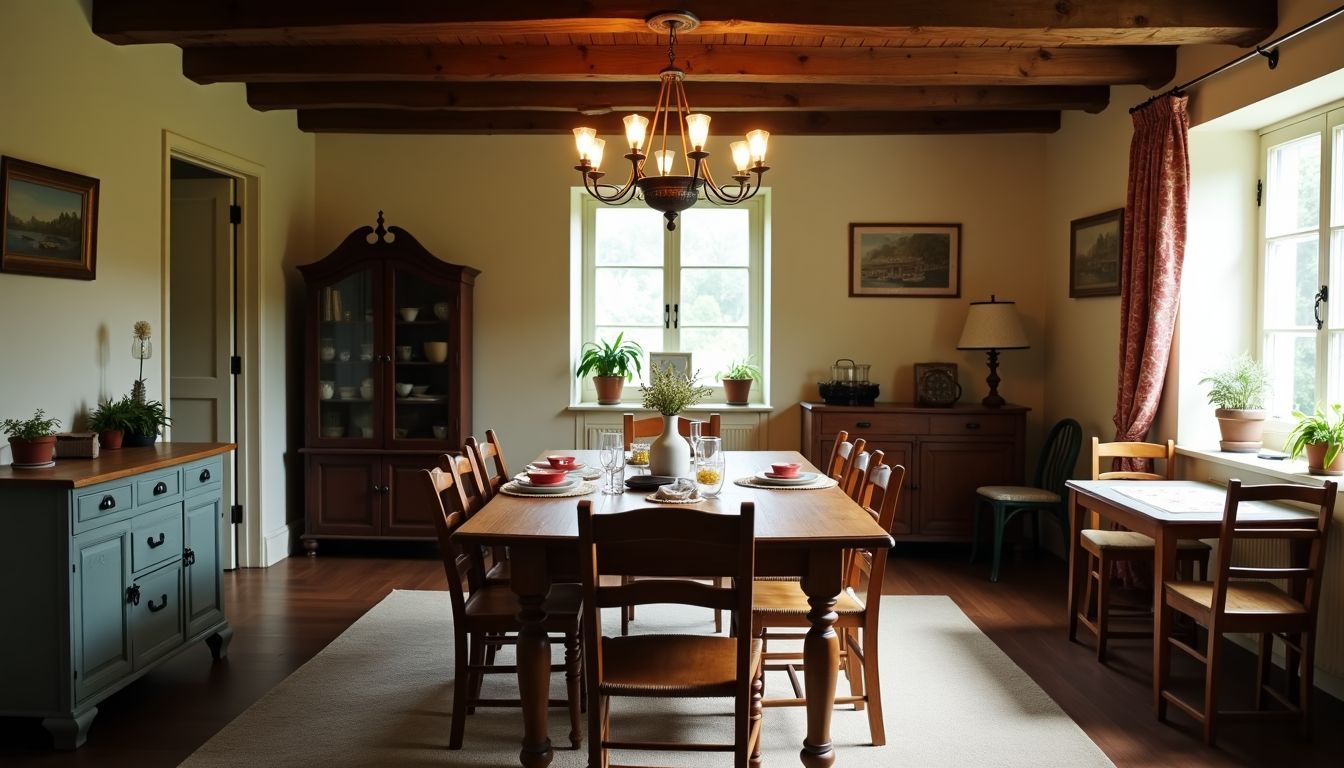 Ein gemütliches Esszimmer mit rustikalem Holztisch und Vintage-Dekor. Ein gemütliches Esszimmer mit rustikalem Holztisch und Vintage-Dekor.