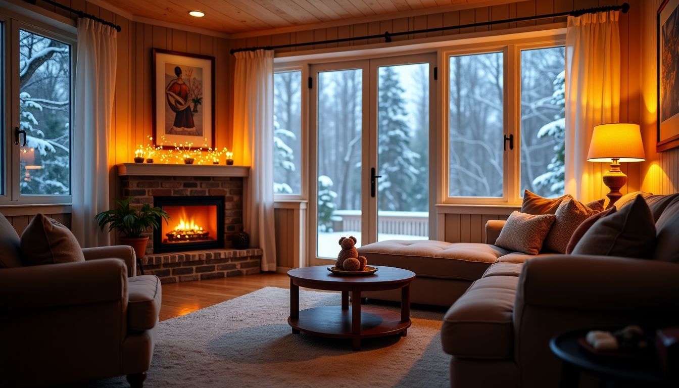 Ein gemütliches Wohnzimmer mit winterlicher Aussicht und einladender Atmosphäre. Ein gemütliches Wohnzimmer mit winterlicher Aussicht und einladender Atmosphäre.
